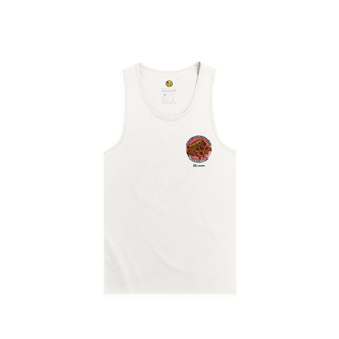 Front view of a unisex tank top with a small red  pizza quarter pipe graphic and “Hot, Fresh and Ready to Shred – Quarter Pies” text on a white background.