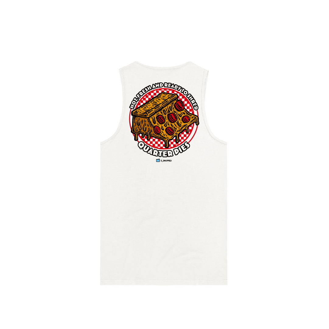 Rear view of a white unisex tank top with a  large red pizza quarter pipe graphic and “Hot, Fresh and Ready to Shred – Quarter Pies” text on a white background.