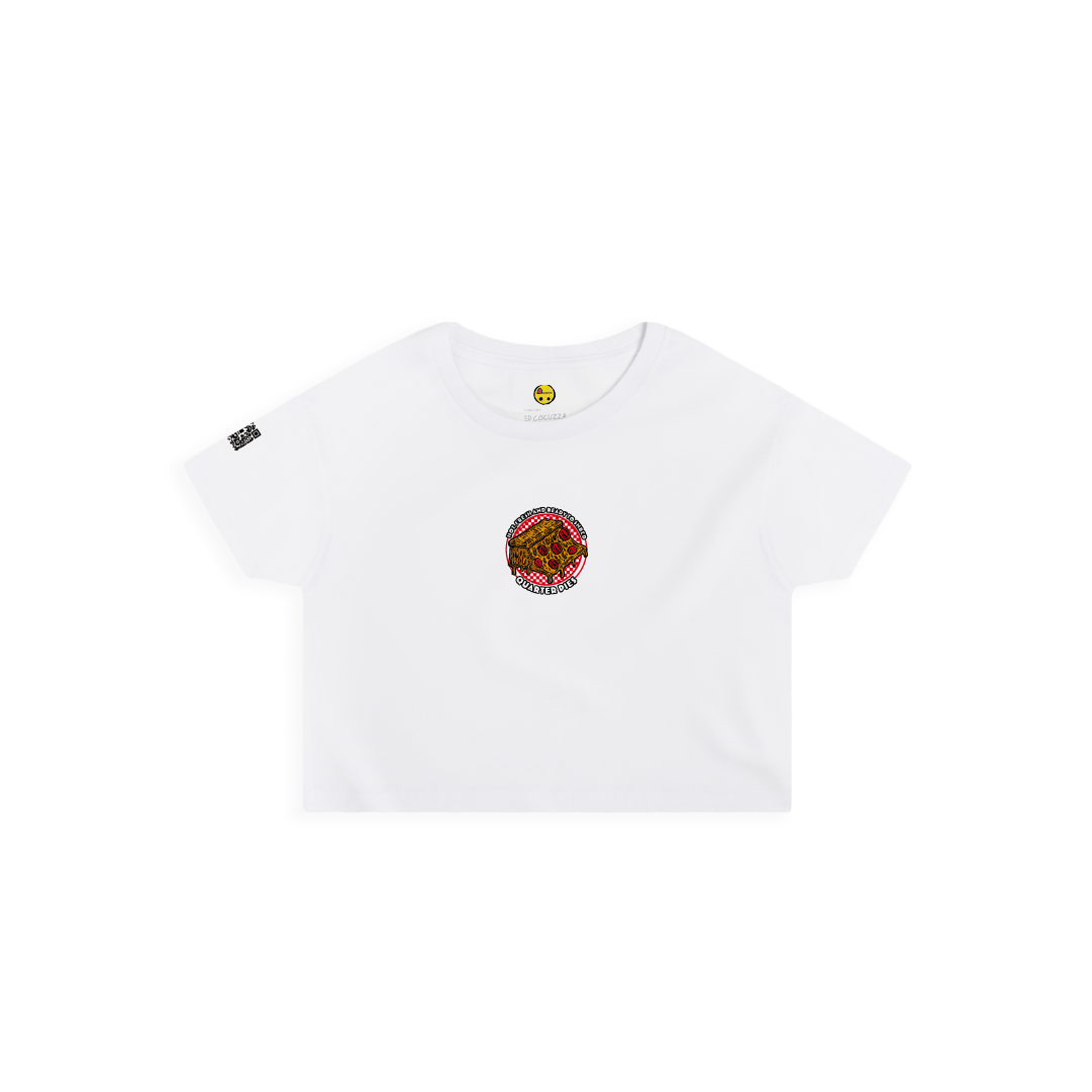 Front view of a women crop top  with a colorful illustrated pizza slice graphic and the text “Hot, Fresh and Ready to Shred – Quarter Pies” on the front on a white background. 