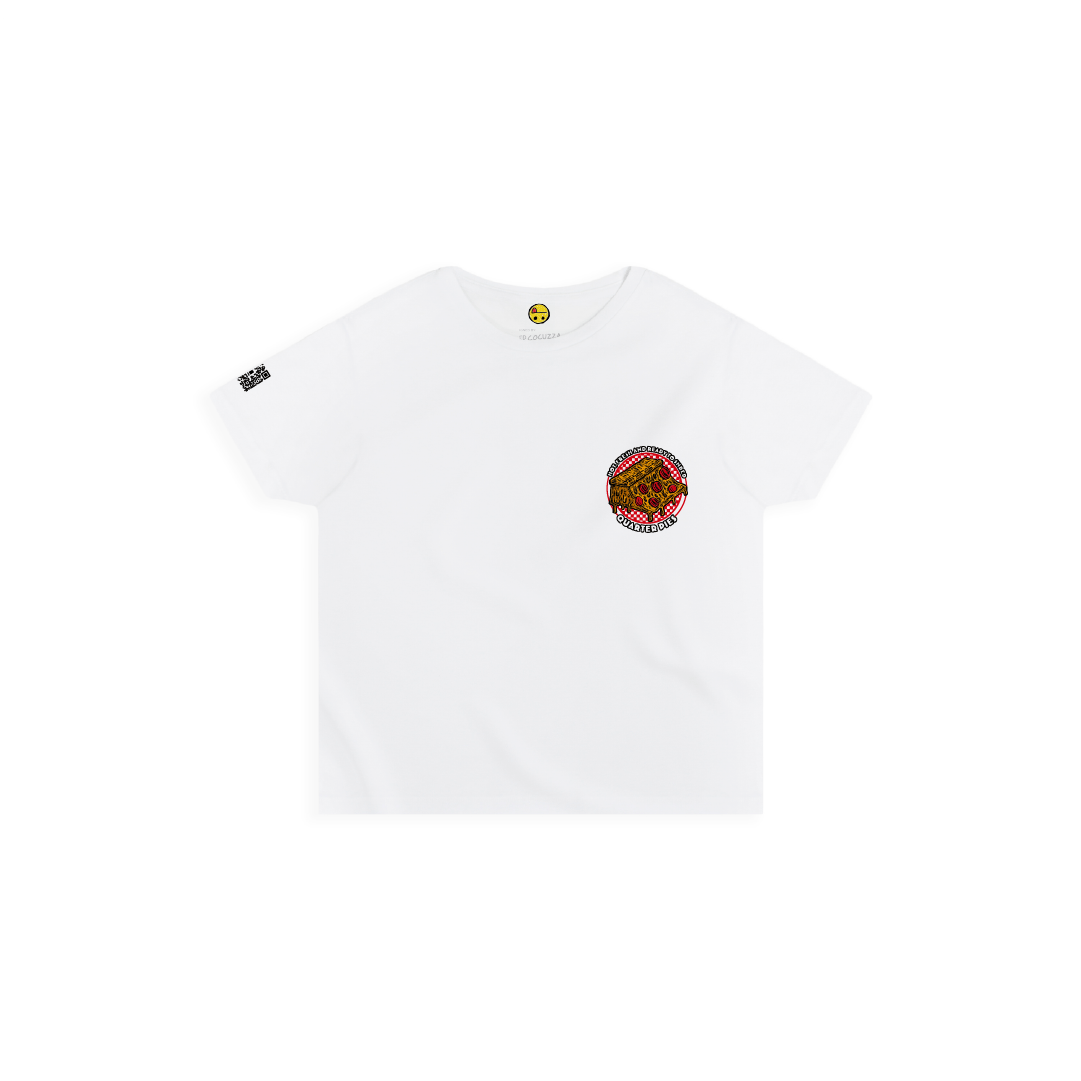 Front view of a women high waist with a colorful illustrated pizza slice graphic and the text “Hot, Fresh and Ready to Shred – Quarter Pies” on the front on a white background. 