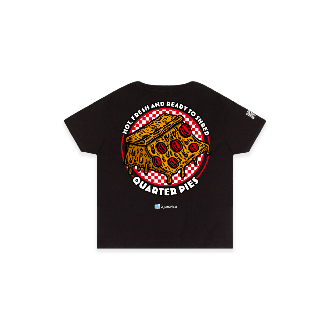 Rear view of a women high waist with a colorful illustrated pizza slice graphic and the text “Hot, Fresh and Ready to Shred – Quarter Pies” on the front on a white background. 