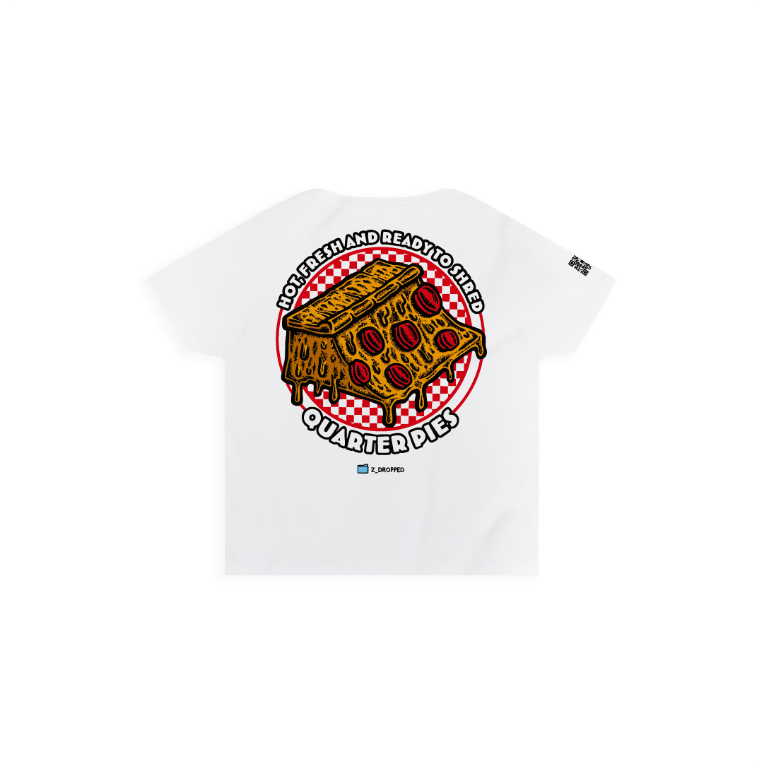 Rear view of a women high waist with a colorful illustrated pizza slice graphic and the text “Hot, Fresh and Ready to Shred – Quarter Pies” on the front on a white background. 