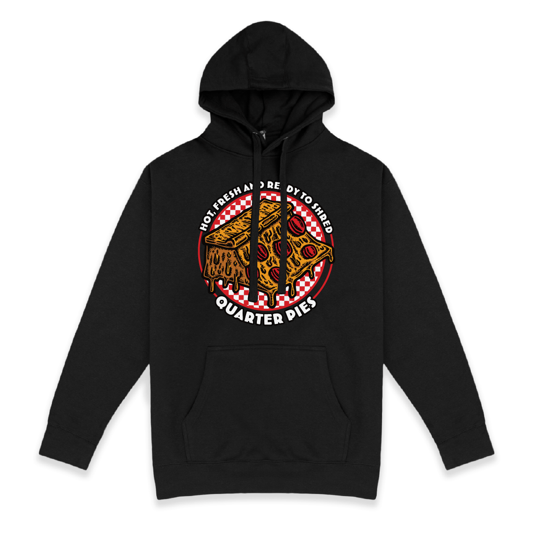Front view of a black unisex hoodie with a colorful illustrated pizza slice graphic and the text “Hot, Fresh and Ready to Shred – Quarter Pies” on the front on a white background. 