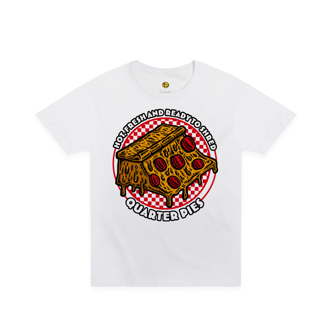 Front view of a unisex tee shirt with a colorful illustrated pizza slice graphic and the text “Hot, Fresh and Ready to Shred – Quarter Pies” on the front on a white background. 