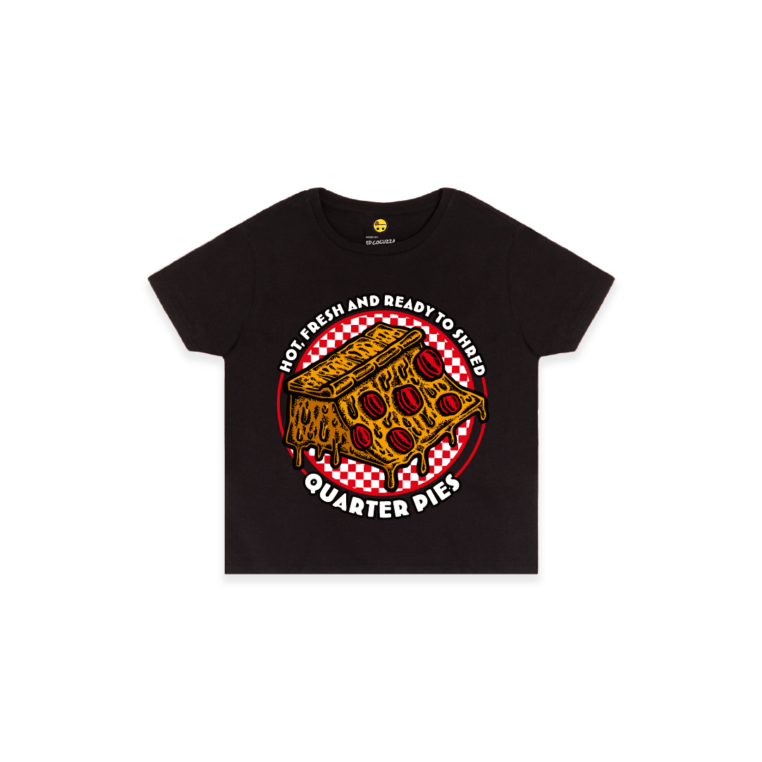 Front view of a women high waist with a colorful illustrated pizza slice graphic and the text “Hot, Fresh and Ready to Shred – Quarter Pies” on the front on a white background. 