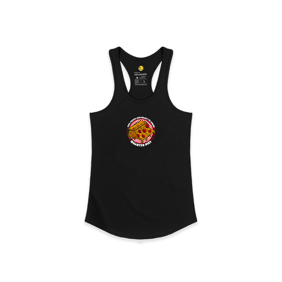 Front view of a women's black tank top with a small pizza quarter pipe graphic and “Hot, Fresh and Ready to Shred – Quarter Pies” text on a white background.