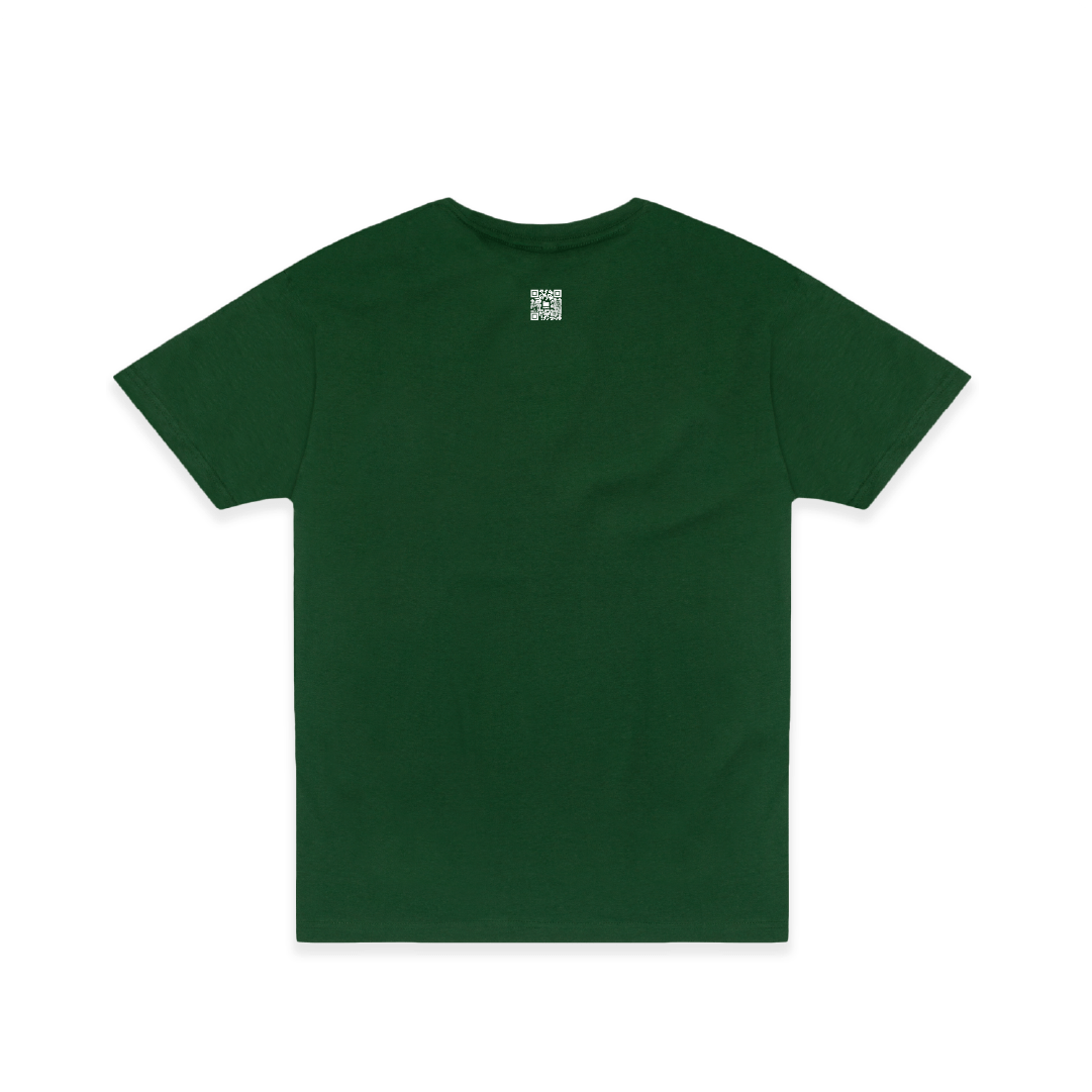 Rear view of a green t-shirt with a white zdropped QR code on a white background 