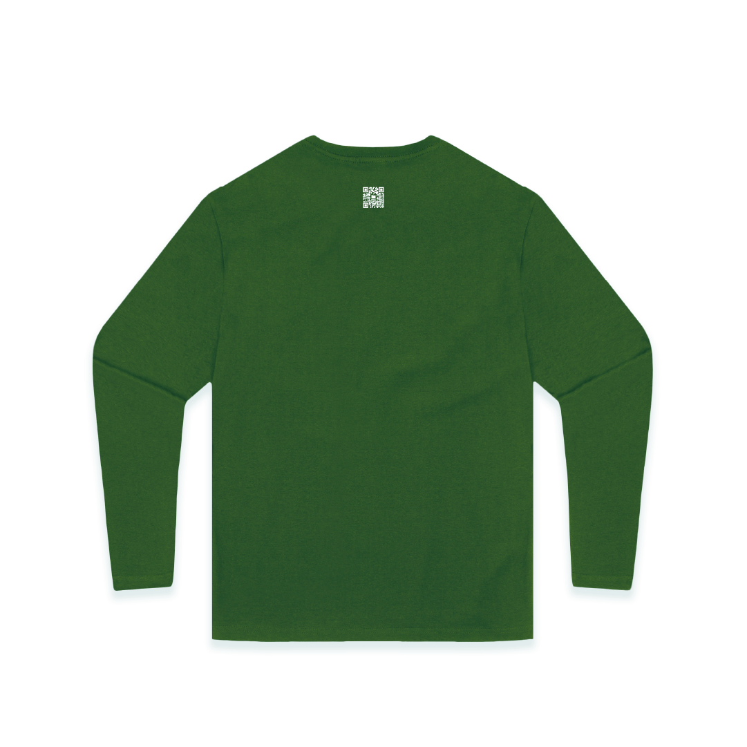 Rear view of a unisex long sleeve shirt with a small white qr code on a white background. 