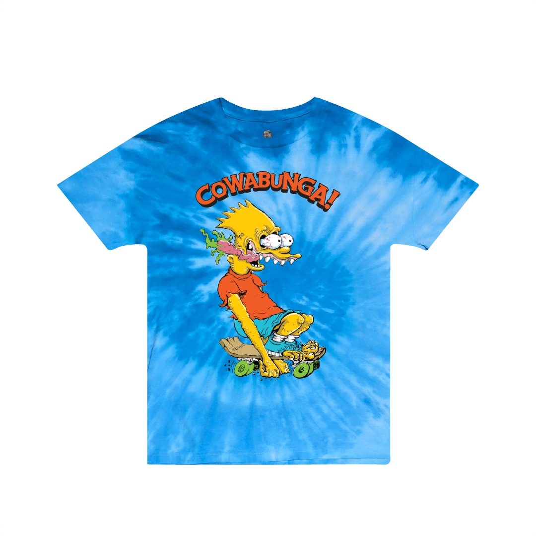 Front view of a blue tie-dye t-shirt with a large bart simpson's character and 'Cowabunga!' text on a white background