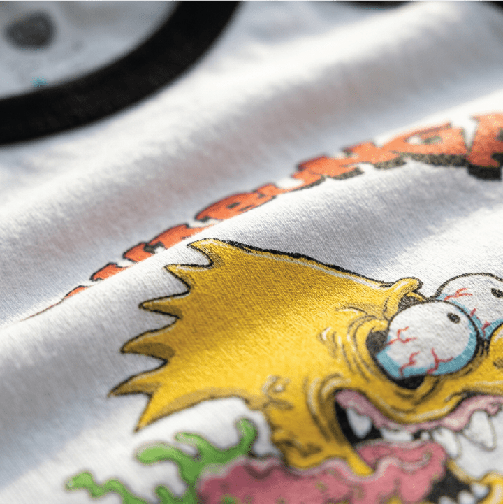 Close up shot of zdropped's print quality of Bart Roth on a white and black raglan baseball shirt. 
