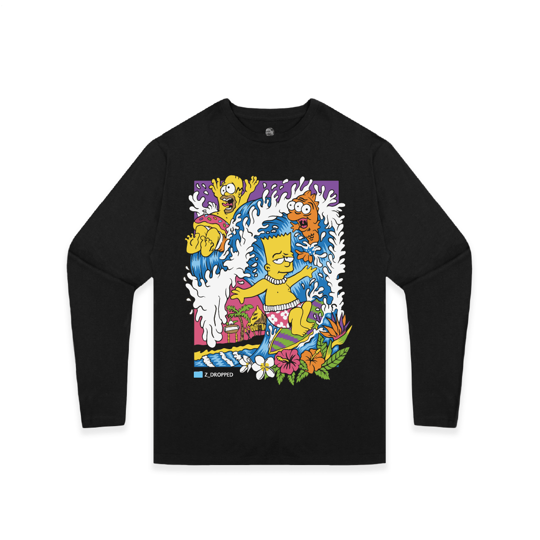 Front view of a black long sleeve shirt with a Bart Simpson surfing a wave graphic on a white background