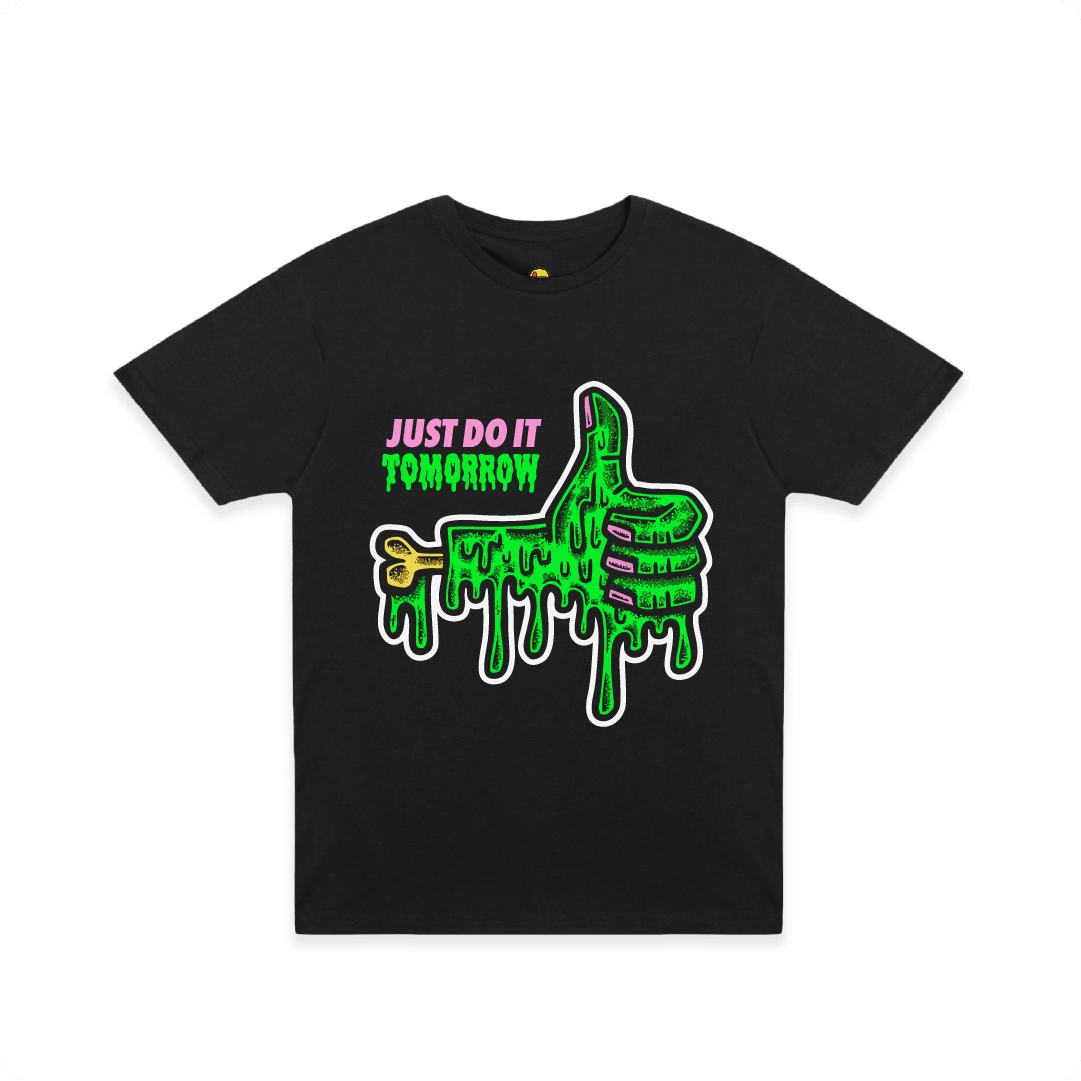 Black Front view of a unisex tee with a dripping green thumb-up graphic and bold text ‘JUST DO IT TOMORROW’ on the front on a white background