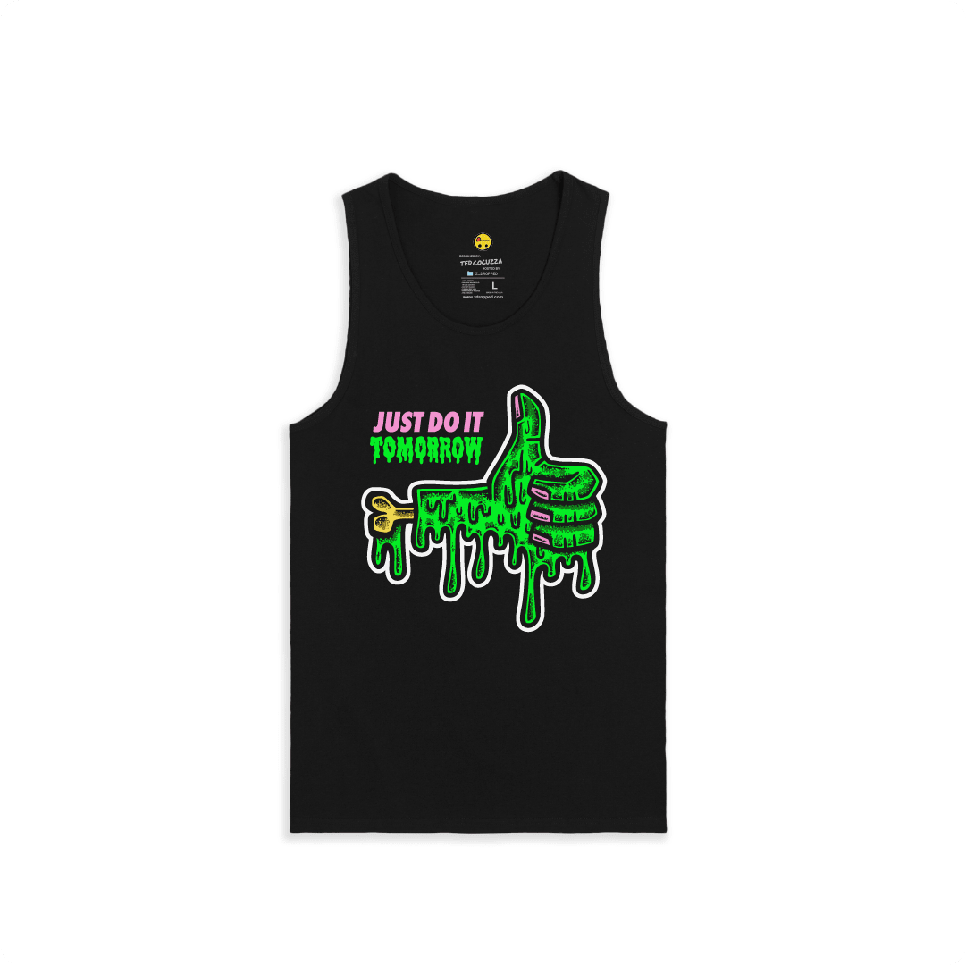 Black front view of a tank top with a dripping green thumb-up graphic and bold text ‘JUST DO IT TOMORROW’ on the front on a white background