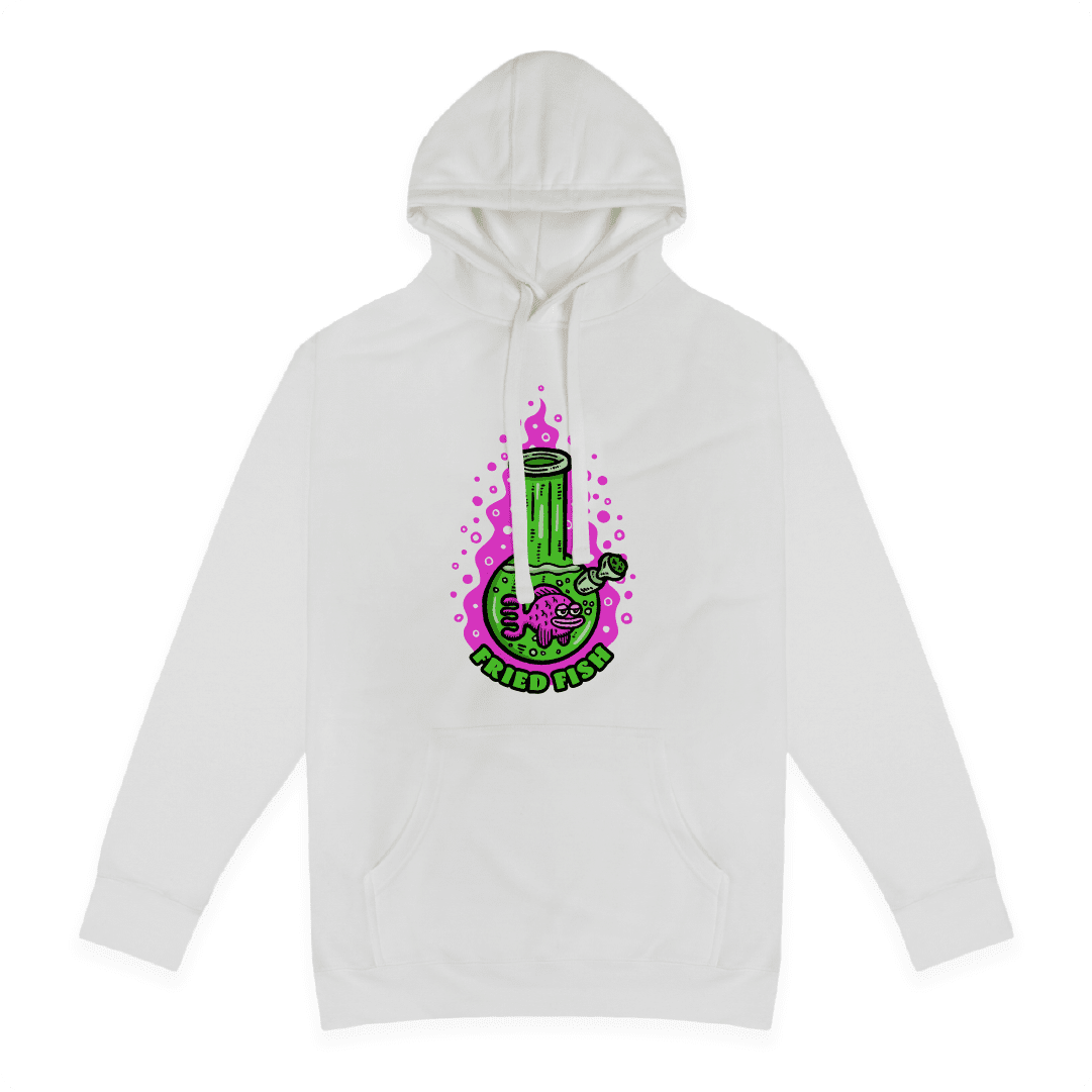 White front view of a unisex hoodie with a neon green bong graphic featuring a pink fish inside, surrounded by bright pink bubbles and bold text reading “FRIED FISH” on the front, on a white background.