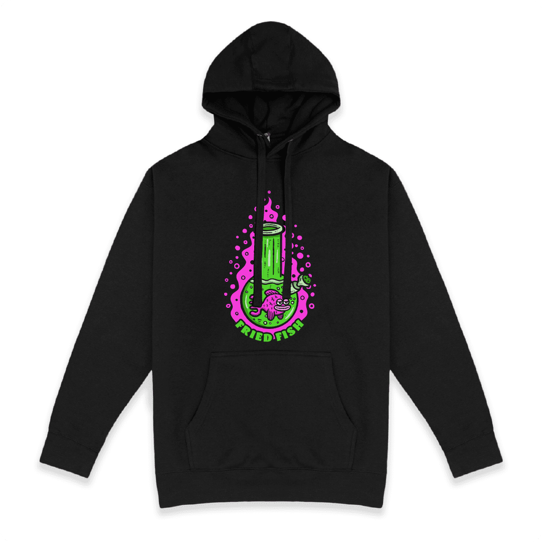 Black front view of a unisex hoodie with a neon green bong graphic featuring a pink fish inside, surrounded by bright pink bubbles and bold text reading “FRIED FISH” on the front, on a white background.