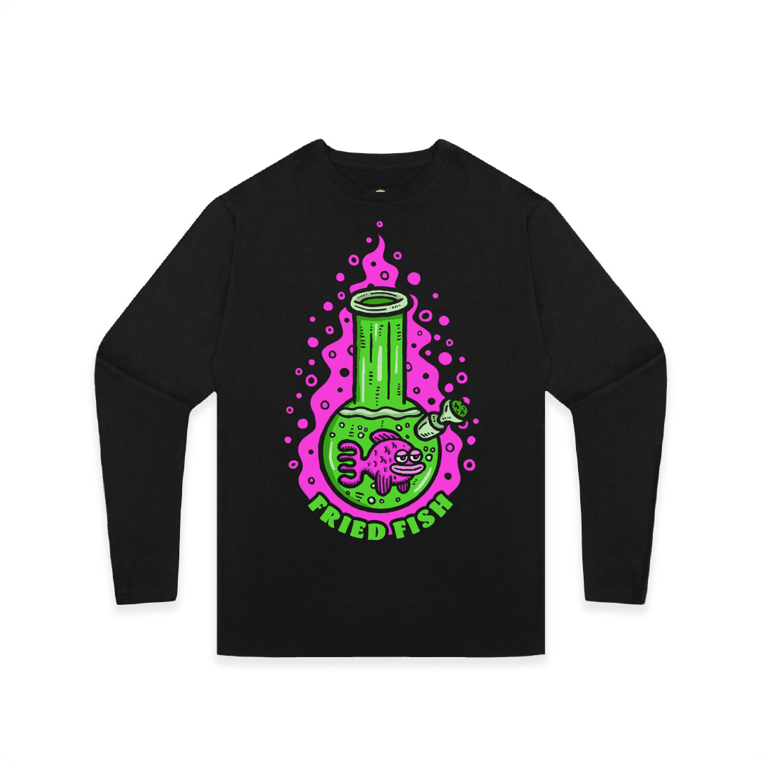Black front view of a unisex long sleeve with a neon green bong graphic featuring a pink fish inside, surrounded by bright pink bubbles and bold text reading “FRIED FISH” on the front, on a white background.