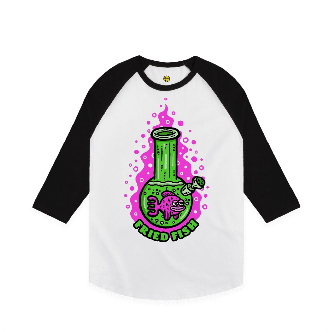 White Front view of a unisex raglan tee with a neon green bong graphic featuring a pink fish inside, surrounded by bright pink bubbles and bold text reading “FRIED FISH” on the front, on a white background.