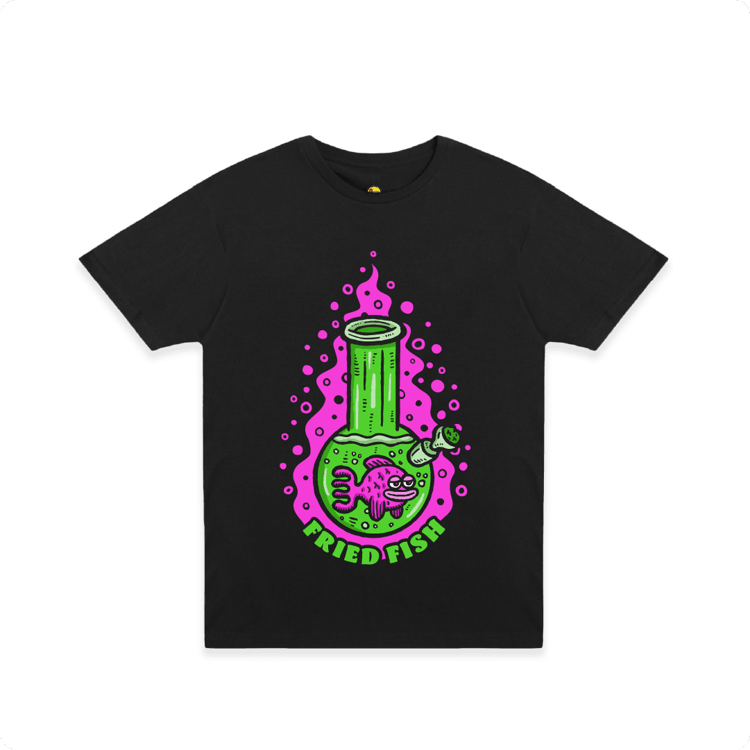 Black front view of a unisex tee with a neon green bong graphic featuring a pink fish inside, surrounded by bright pink bubbles and bold text reading “FRIED FISH” on the front, on a white background.