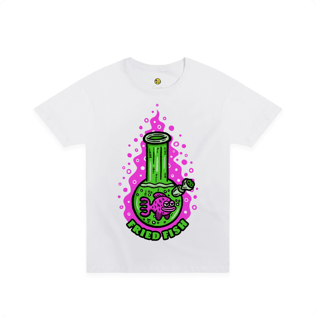 White front view of a unisex tee with a neon green bong graphic featuring a pink fish inside, surrounded by bright pink bubbles and bold text reading “FRIED FISH” on the front, on a white background.