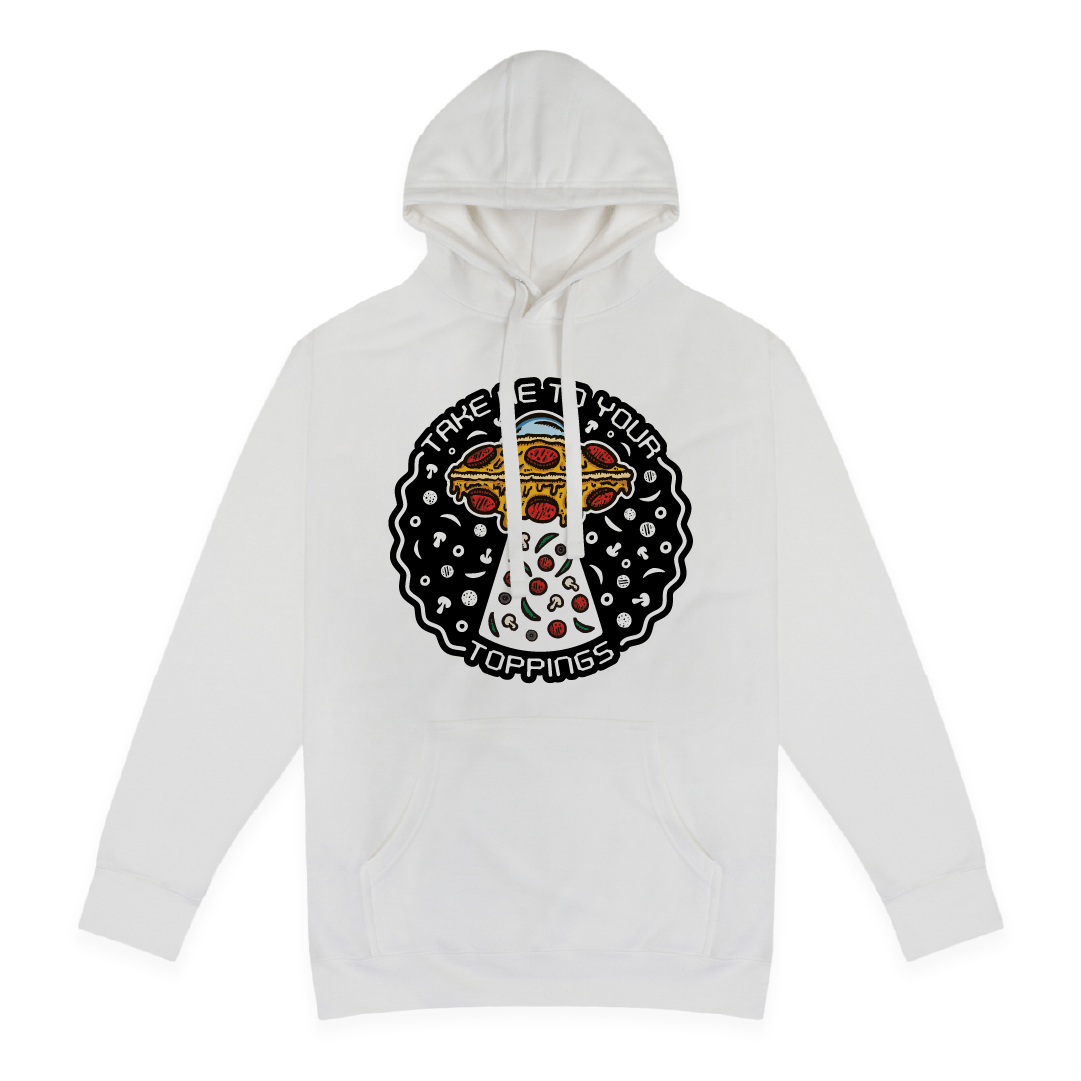 Front view of a unisex hoodie with a “Take Me To Your Toppings” UFO pizza graphic featuring pepperoni, mushrooms, olives, and peppers on the front on a white background. 