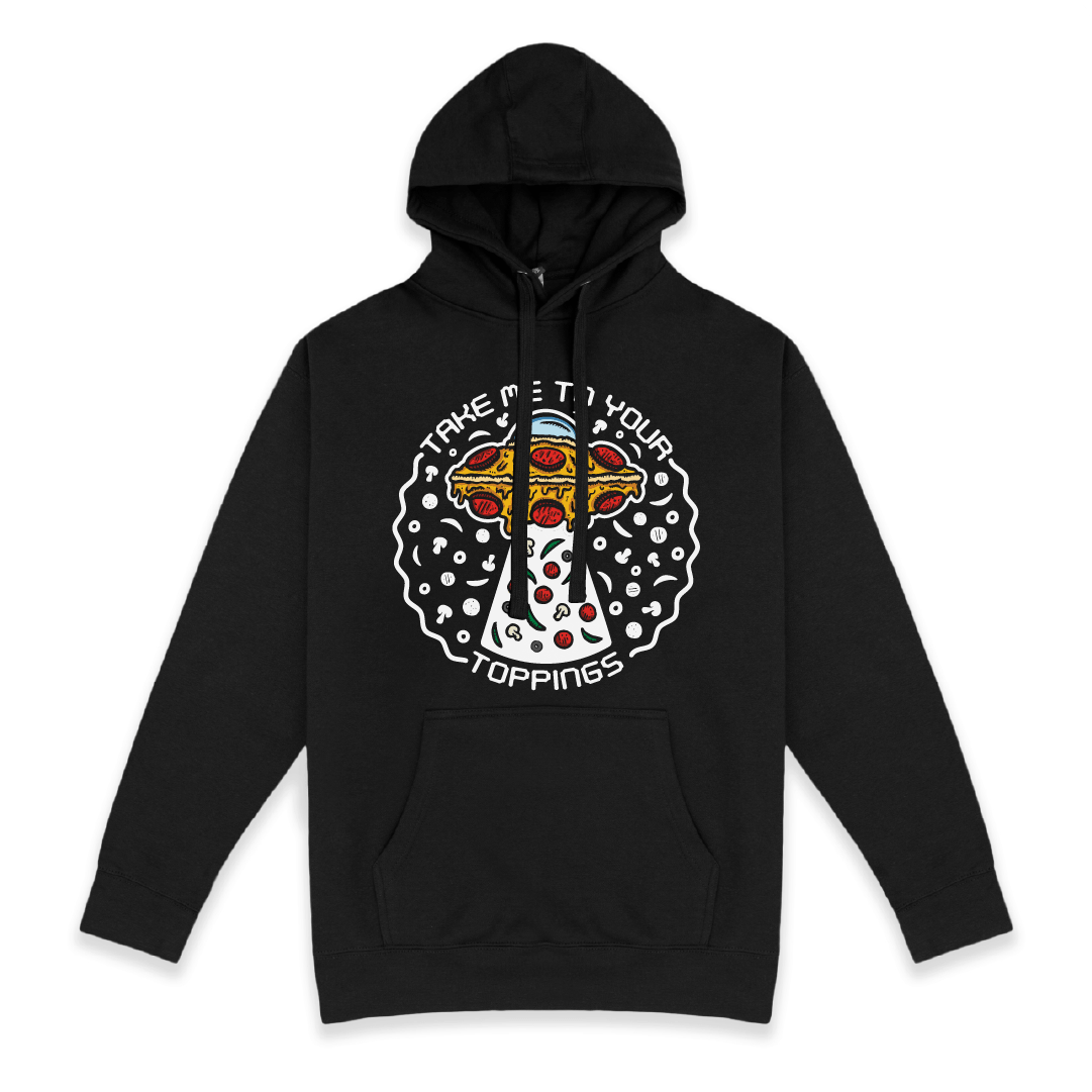 Front view of a unisex hoodie with a “Take Me To Your Toppings” UFO pizza graphic featuring pepperoni, mushrooms, olives, and peppers on the front on a white background. 