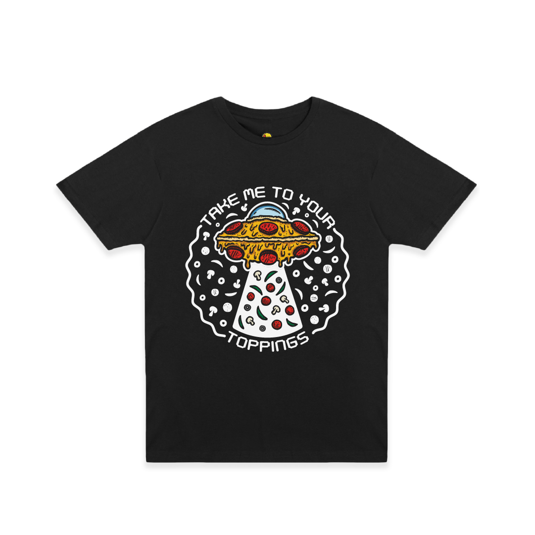 Front view of a unisex Tee with a pizzabduction UFO pizza abducting toppings graphic and the text “Take Me To Your Toppings” on the front on a white background.