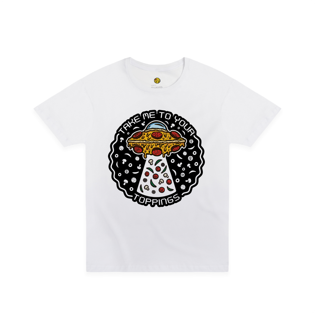 White Front view of a unisex Tee with a pizzabduction UFO pizza abducting toppings graphic and the text “Take Me To Your Toppings” on the front on a white background.
