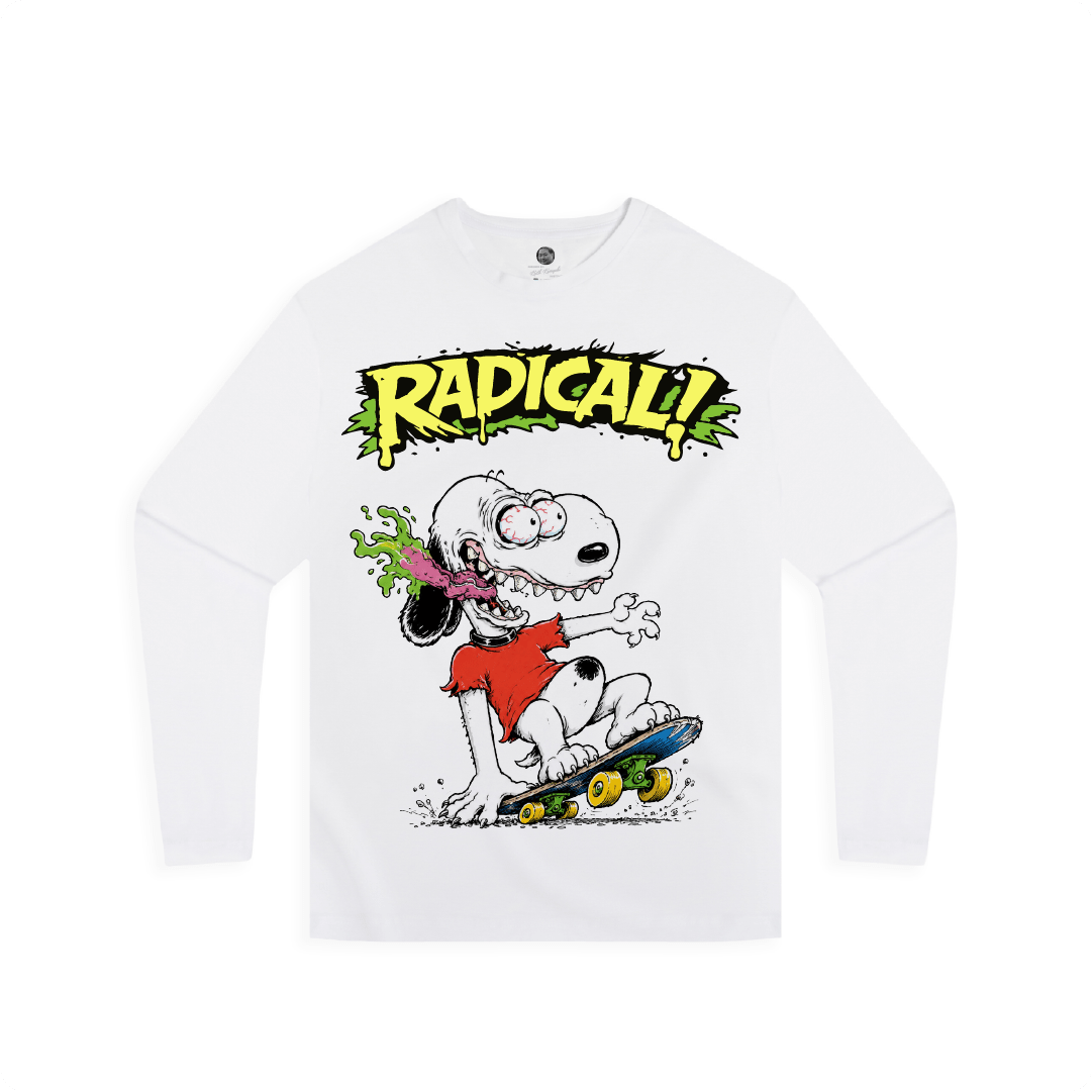 White long sleeve shirt with snoopy dog cartoon character and 'RADICAL!' text on a white background
