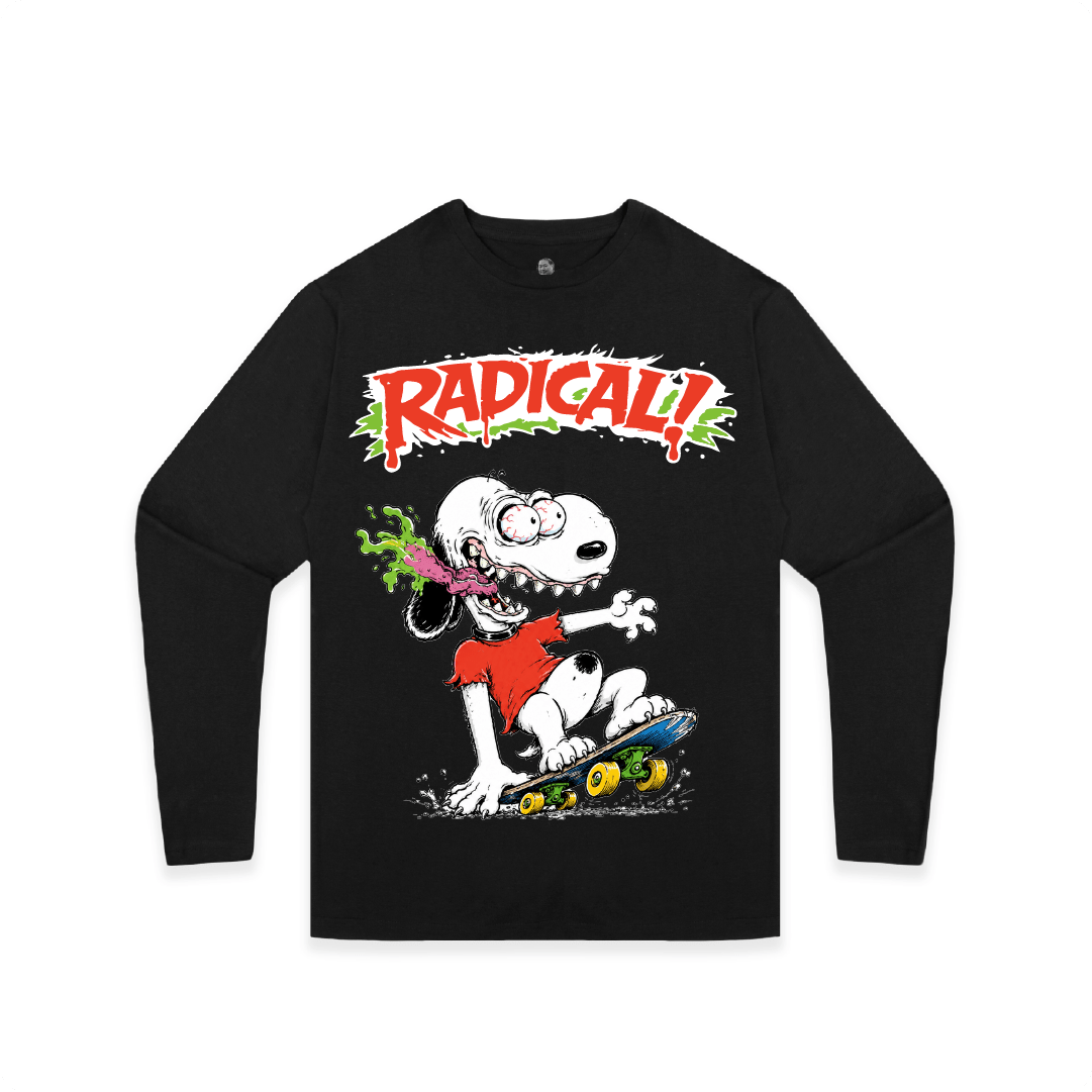 Black long sleeve shirt with a snoopy dog cartoon character and 'Radical!' text on a white background