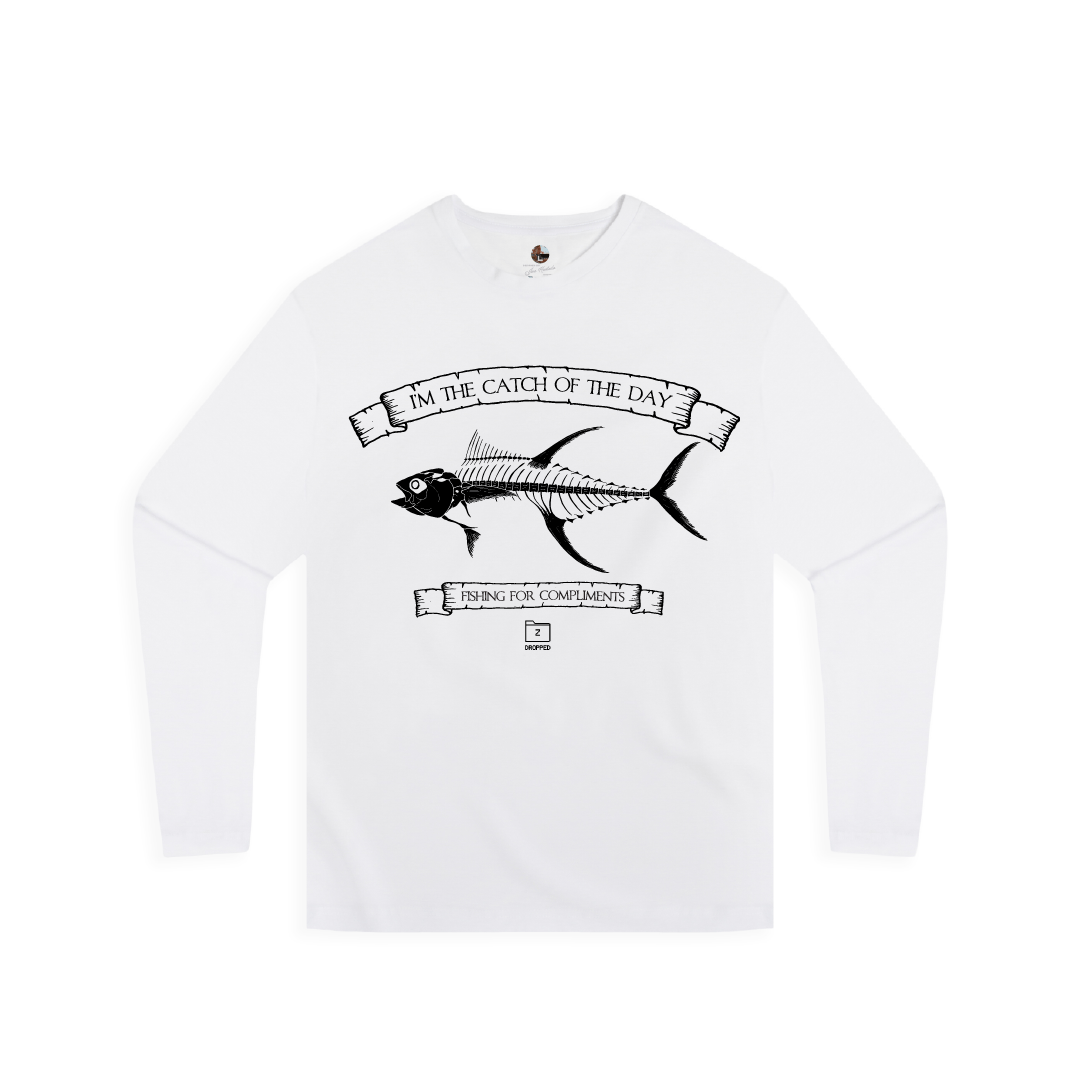 Front view of a white unisex long sleeve with a large black tuna bones fish and 'catch of the day' text on a white background