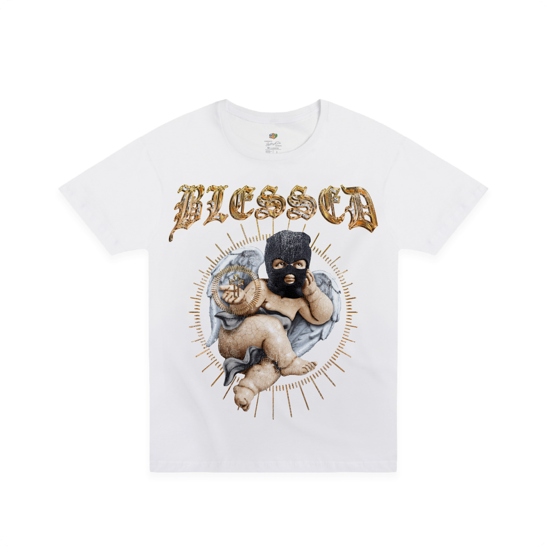 Front view of a unisex white tee shirt with a cherub graphic and gold "Blessed" text on a white background