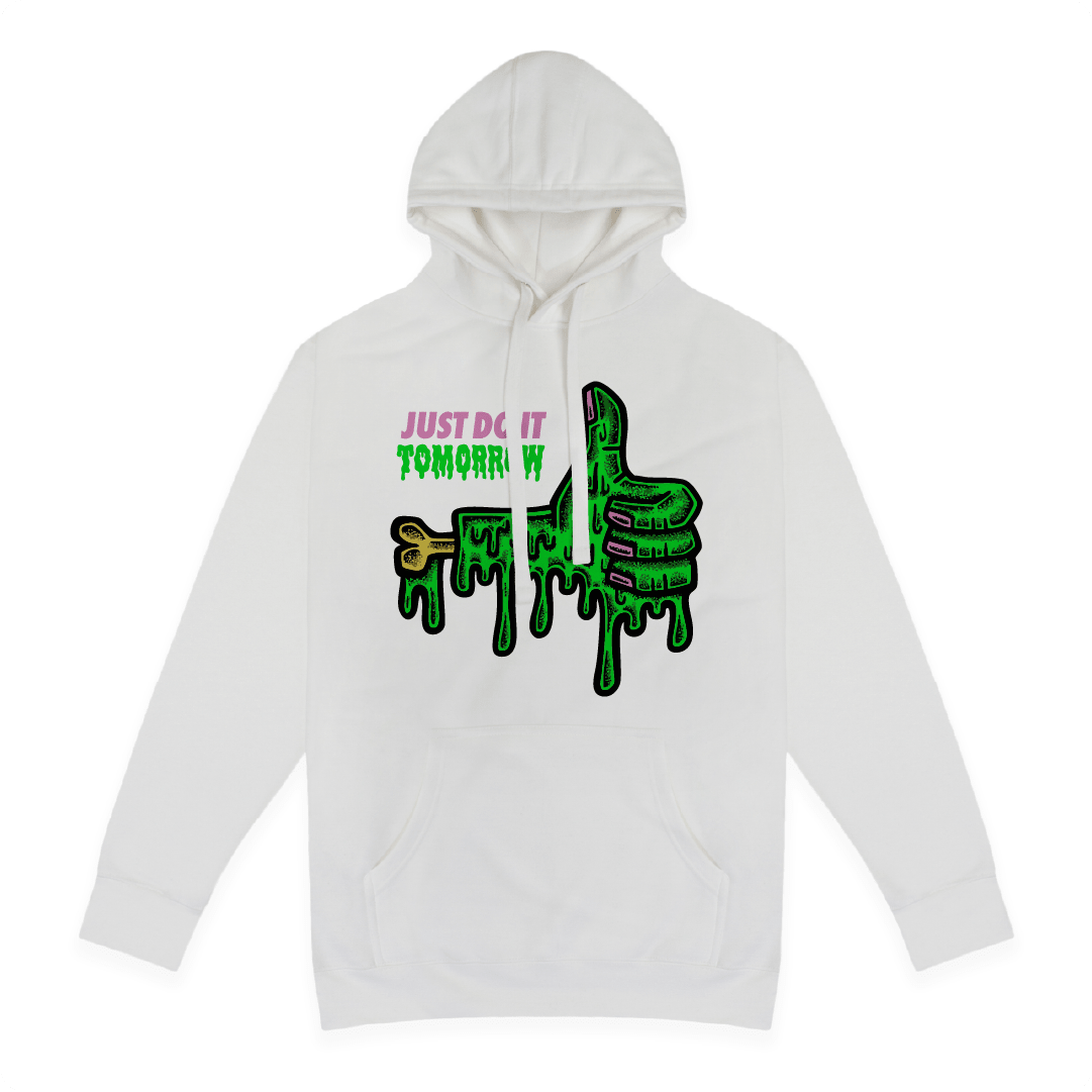 White front view of a unisex hoodie with a dripping green thumb-up graphic and bold text ‘JUST DO IT TOMORROW’ on the front on a white background