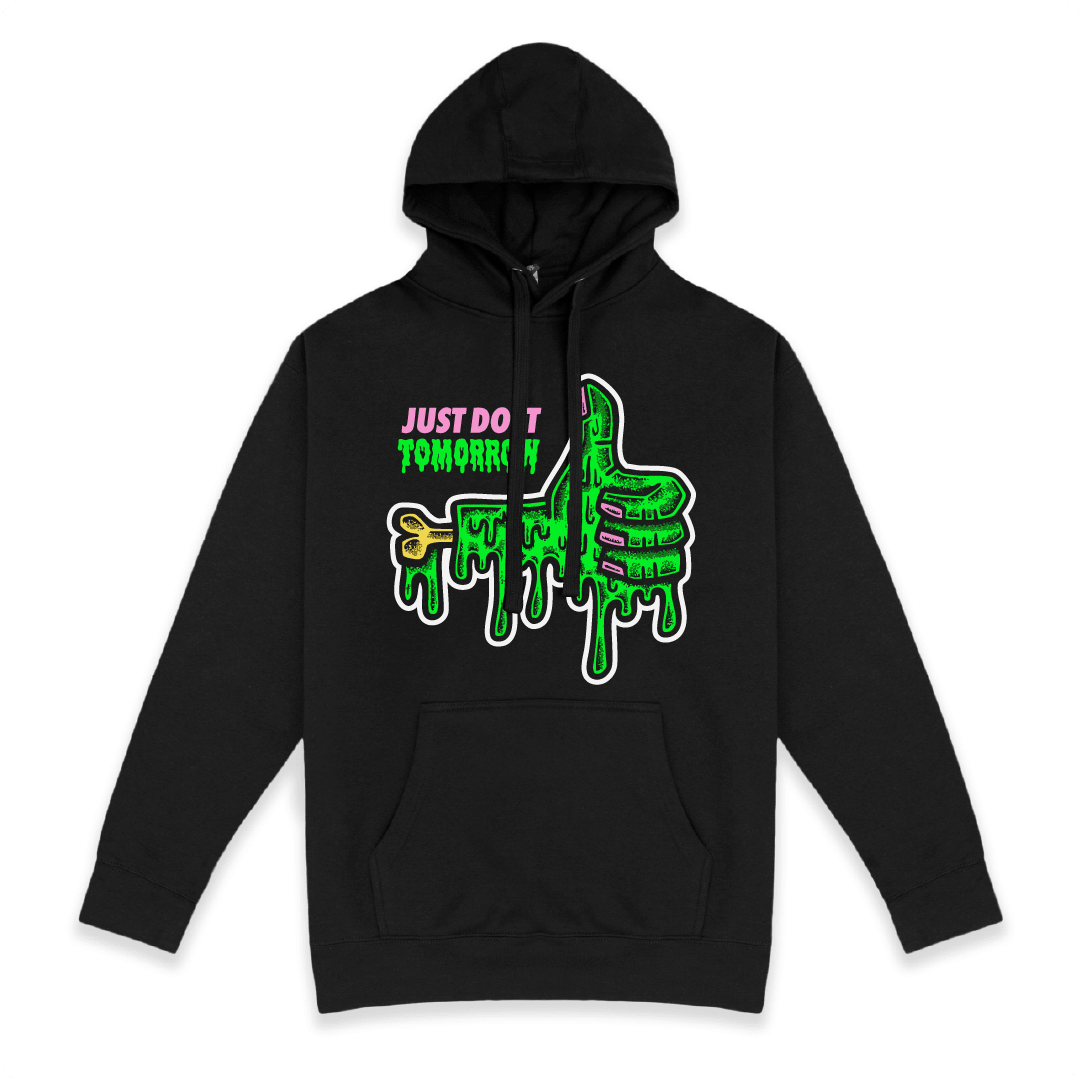 Black Front view of a unisex hoodie with a dripping green thumb-up graphic and bold text ‘JUST DO IT TOMORROW’ on the front on a white background