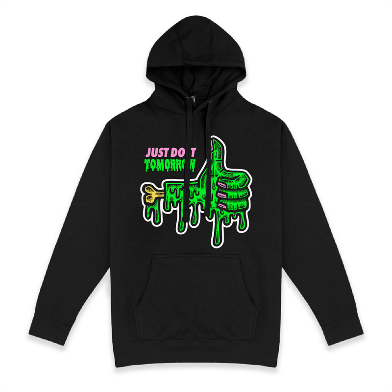 Black Front view of a unisex hoodie with a dripping green thumb-up graphic and bold text ‘JUST DO IT TOMORROW’ on the front on a white background