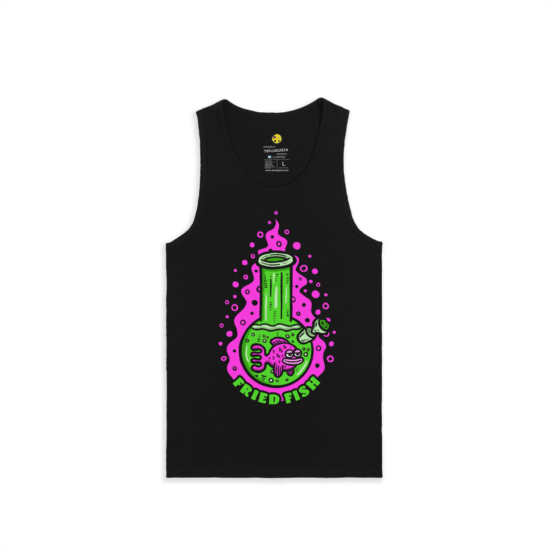 Black Front view of a men tank top with a neon green bong graphic featuring a pink fish inside, surrounded by bright pink bubbles and bold text reading “FRIED FISH” on the front, on a white background.