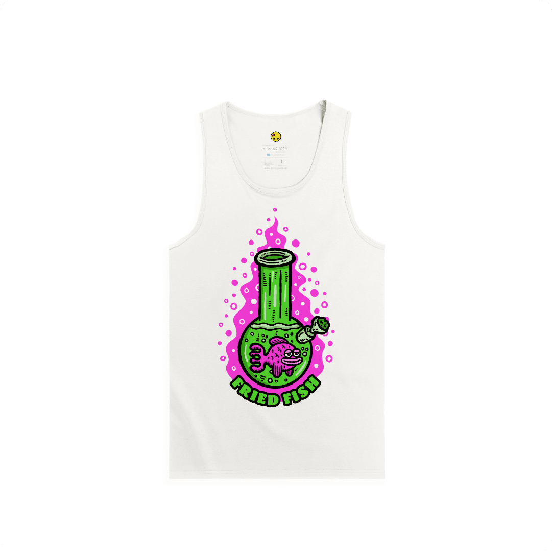 White Front view of a men tank top with a neon green bong graphic featuring a pink fish inside, surrounded by bright pink bubbles and bold text reading “FRIED FISH” on the front, on a white background.