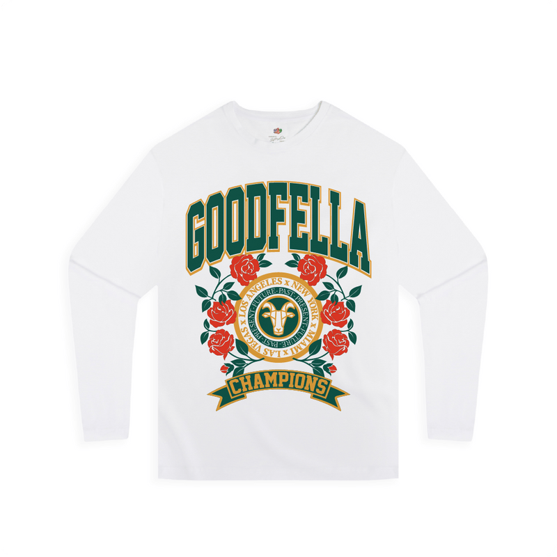 White long sleeve shirt with 'GOODFELLA' and 'Champions' text, featuring roses on a white background.