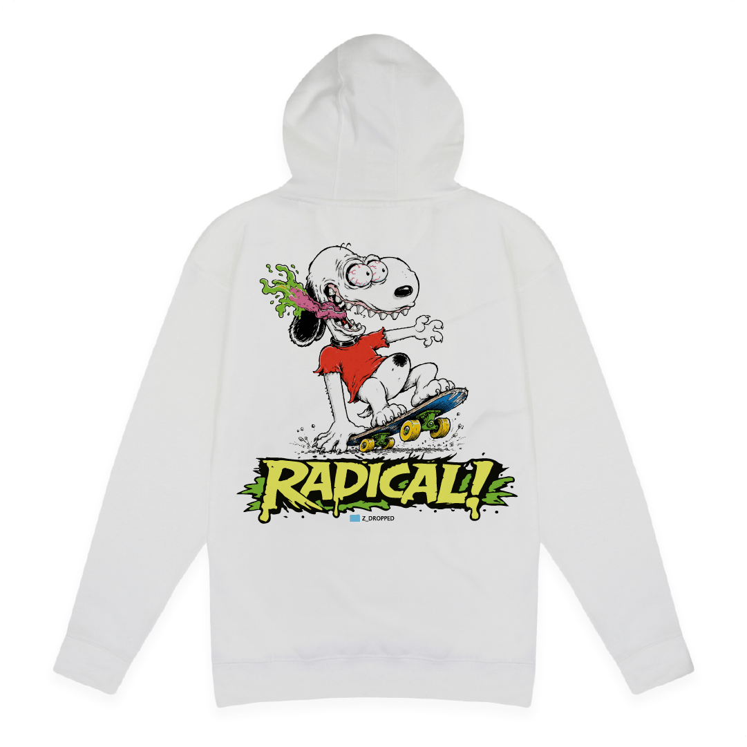Rear view of a white hoodie with snoop roth skateboard character and "Radical" text on a white background