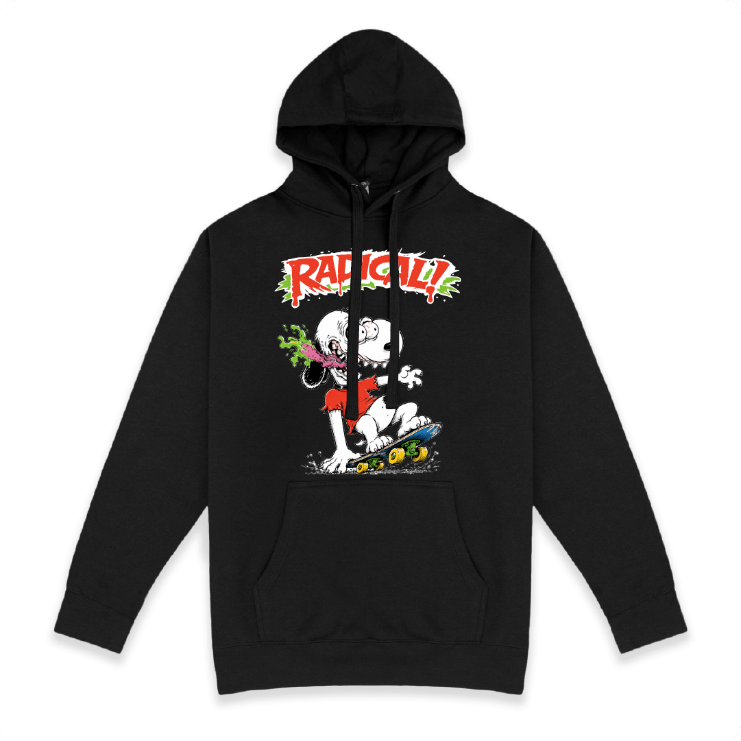Front view of a black hoodie with snoop roth skateboard character and "Radical" text on a white background
