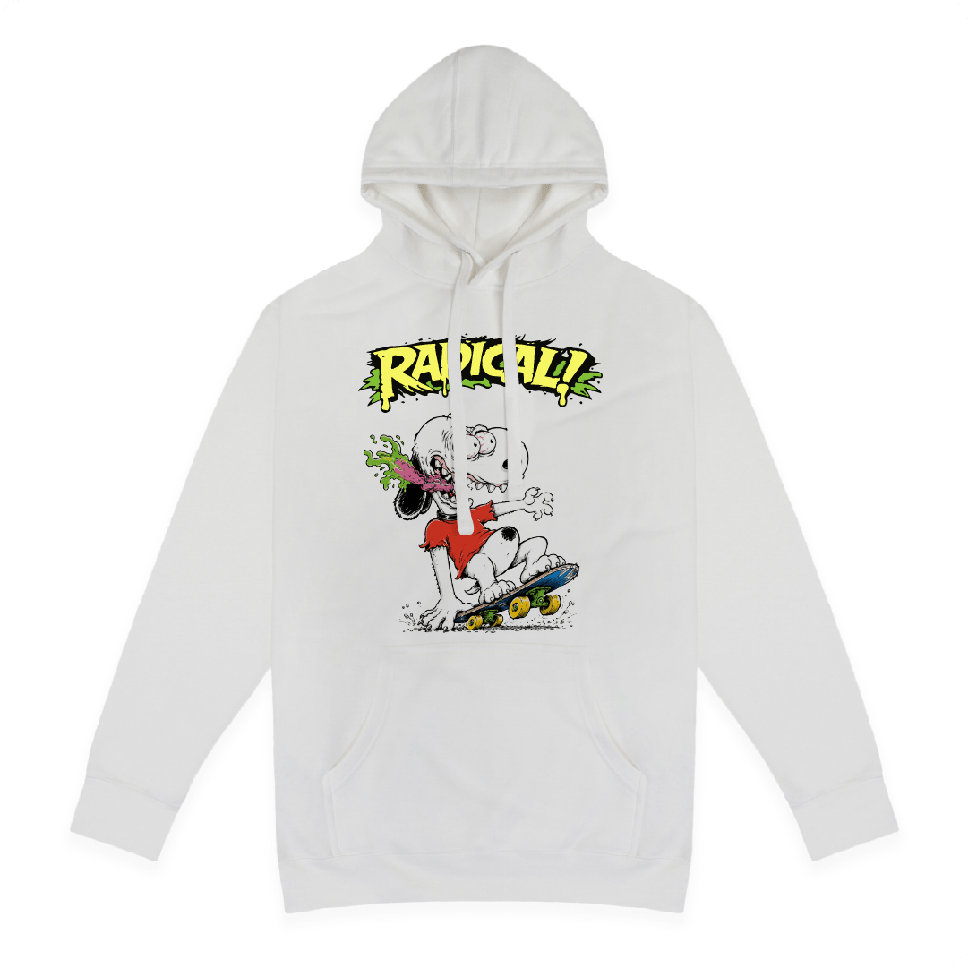 Front view of a white hoodie with snoop roth skateboard character and "Radical" text on a white background