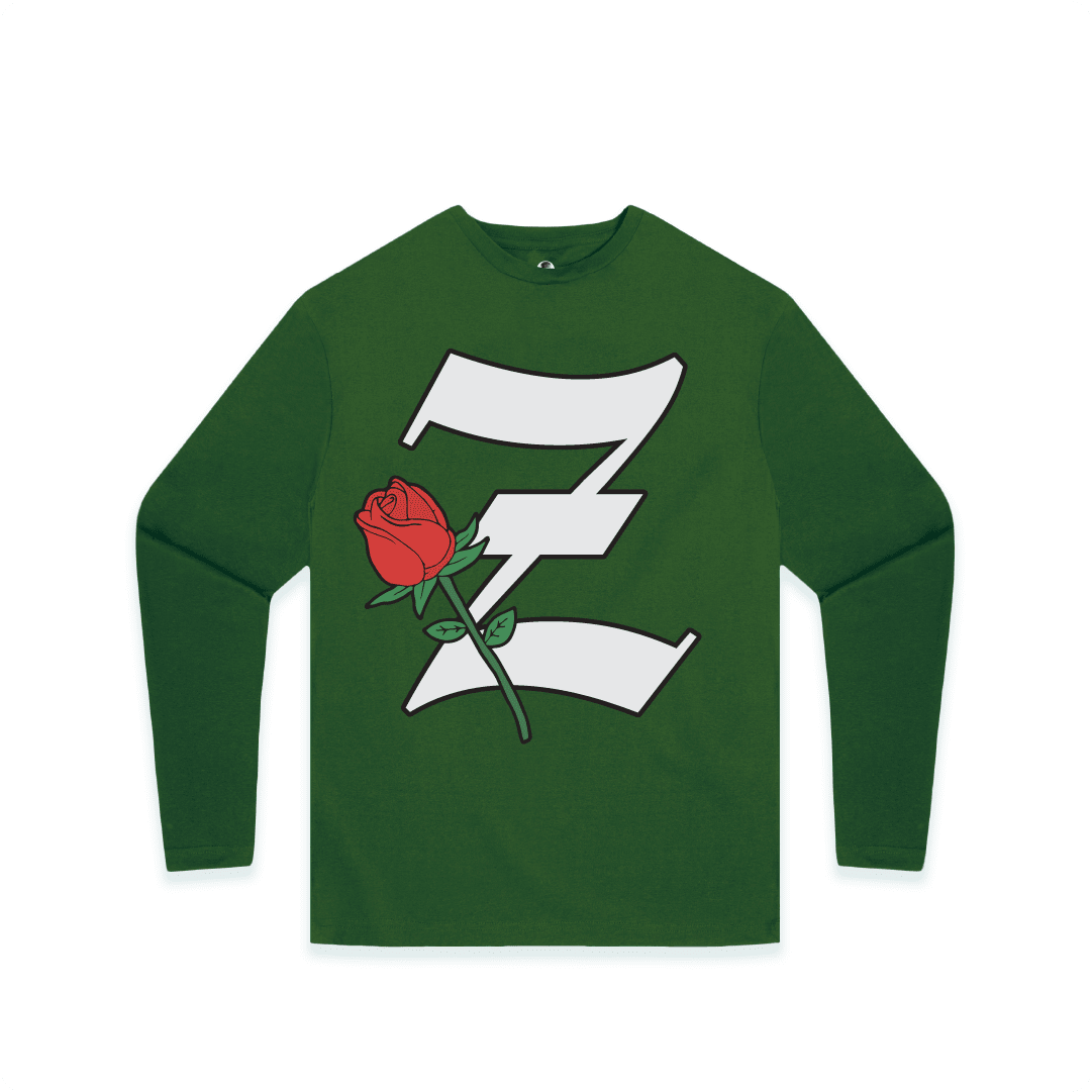 Green long-sleeve shirt with a large white Z logo and red rose on the front on a white background