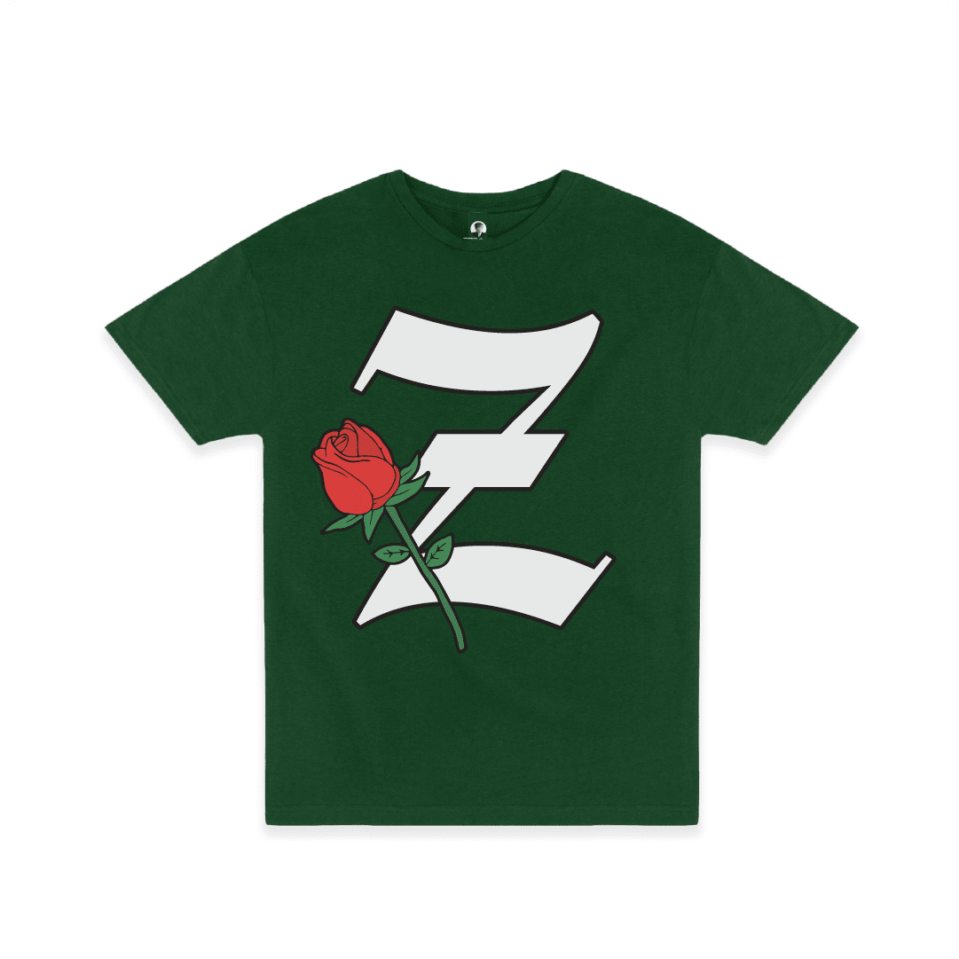 Front view of a unisex green t-shirt with a large white 'Z' logo and red rose flower.