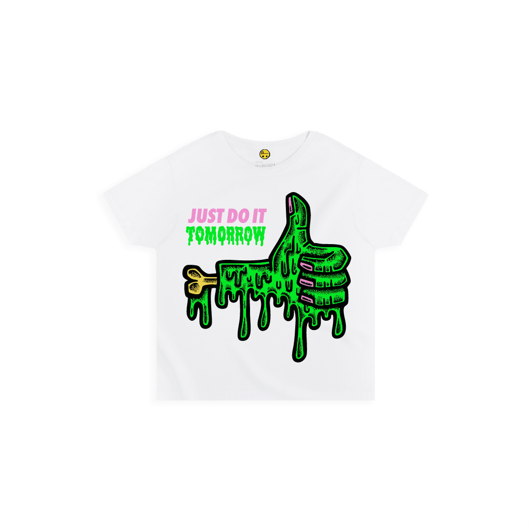 White Front view of a women high waisted tee with a dripping green thumb-up graphic and bold text ‘JUST DO IT TOMORROW’ on the front on a white background