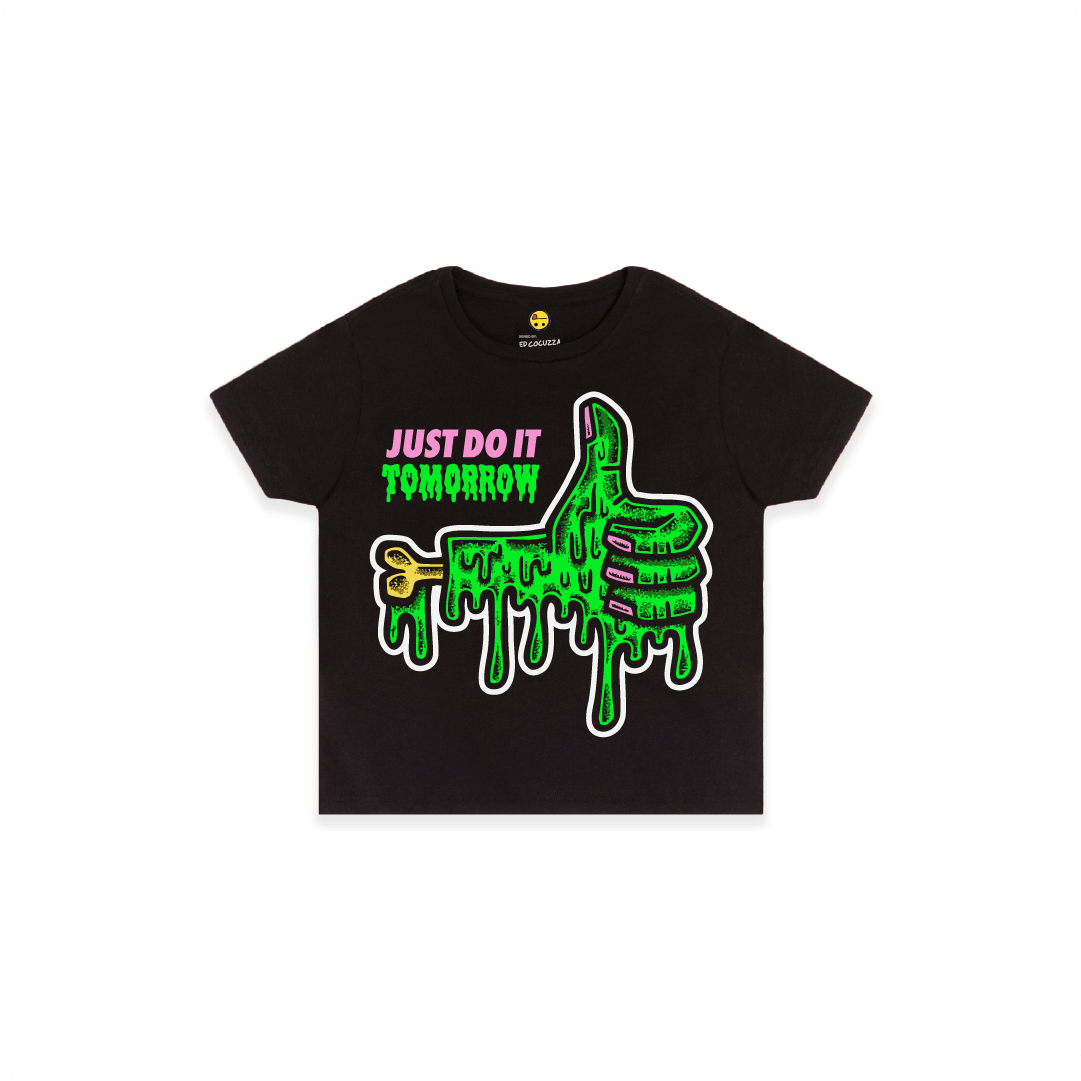 Black Front view of a women high waisted tee with a dripping green thumb-up graphic and bold text ‘JUST DO IT TOMORROW’ on the front on a white background