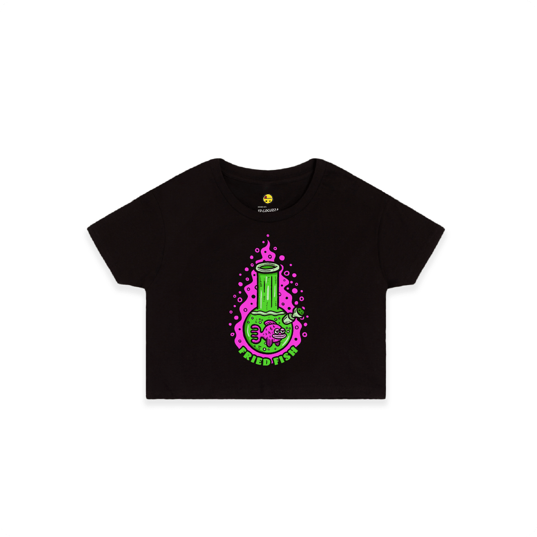 Black Front view of a women’s crop top with a neon green bong graphic featuring a pink fish inside, surrounded by bright pink bubbles and bold text reading “FRIED FISH” on the front, on a white background.