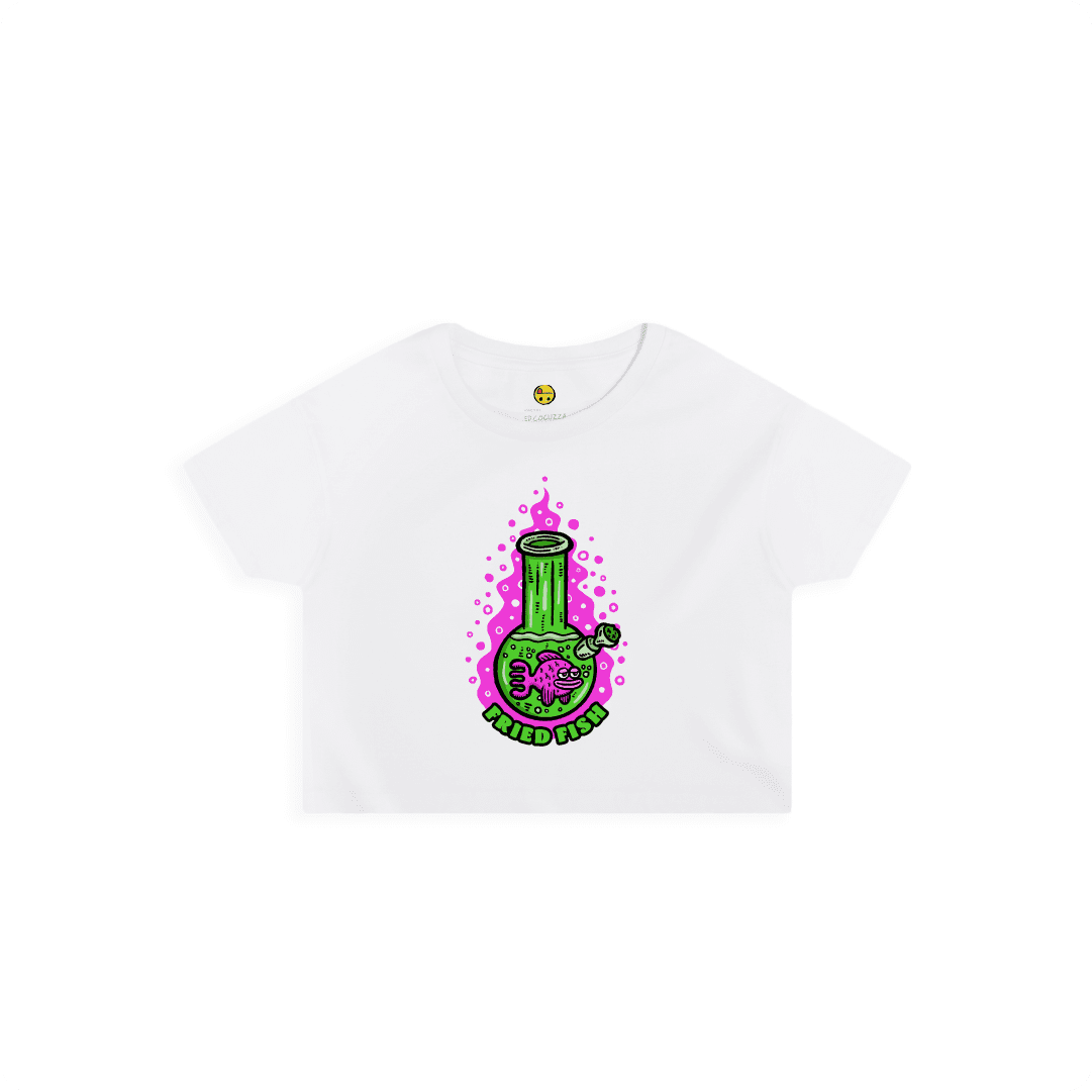 White Front view of a women’s crop top with a neon green bong graphic featuring a pink fish inside, surrounded by bright pink bubbles and bold text reading “FRIED FISH” on the front, on a white background.