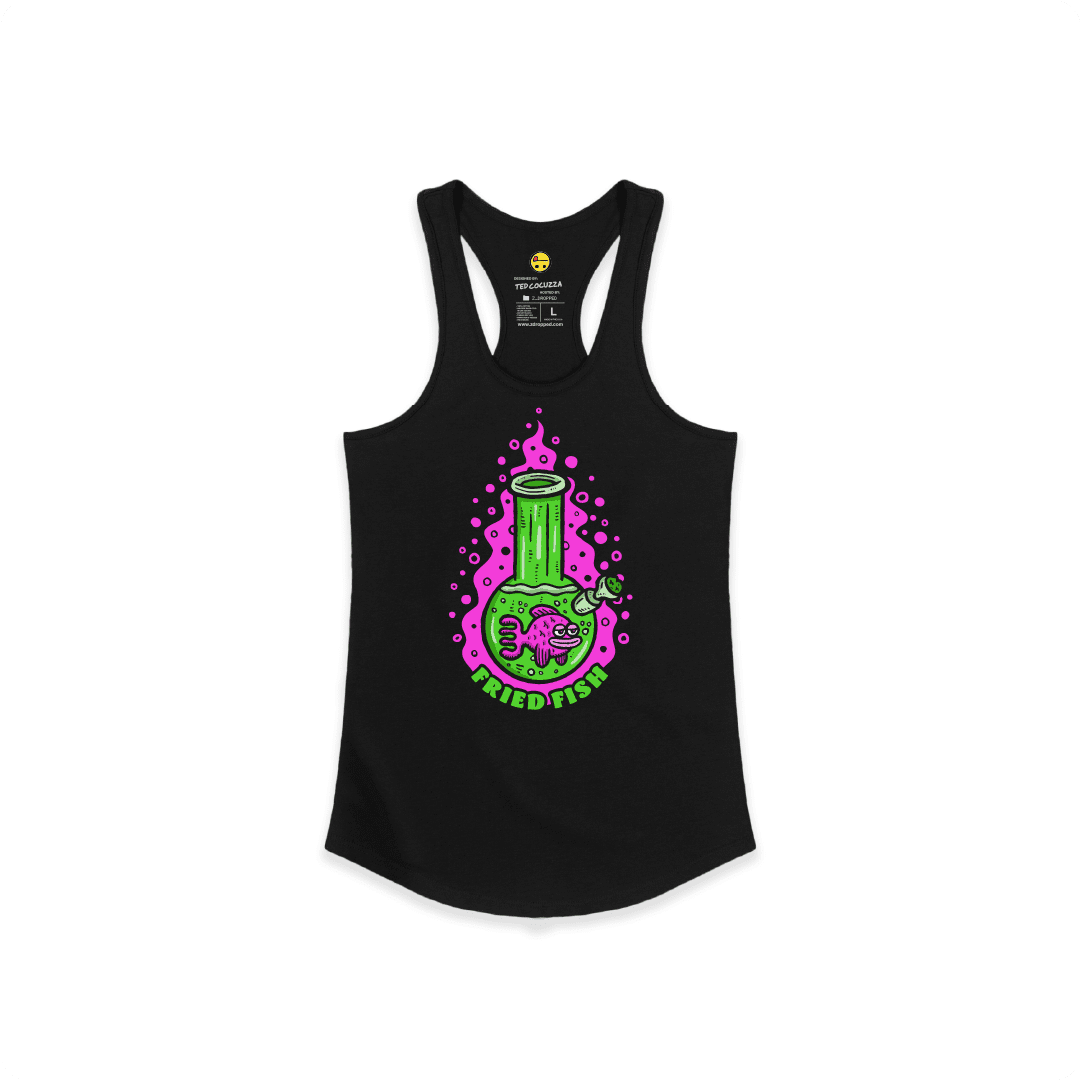 Black Front view of a women’s racerback tank with a neon green bong graphic featuring a pink fish inside, surrounded by bright pink bubbles and bold text reading “FRIED FISH” on the front, on a white background.