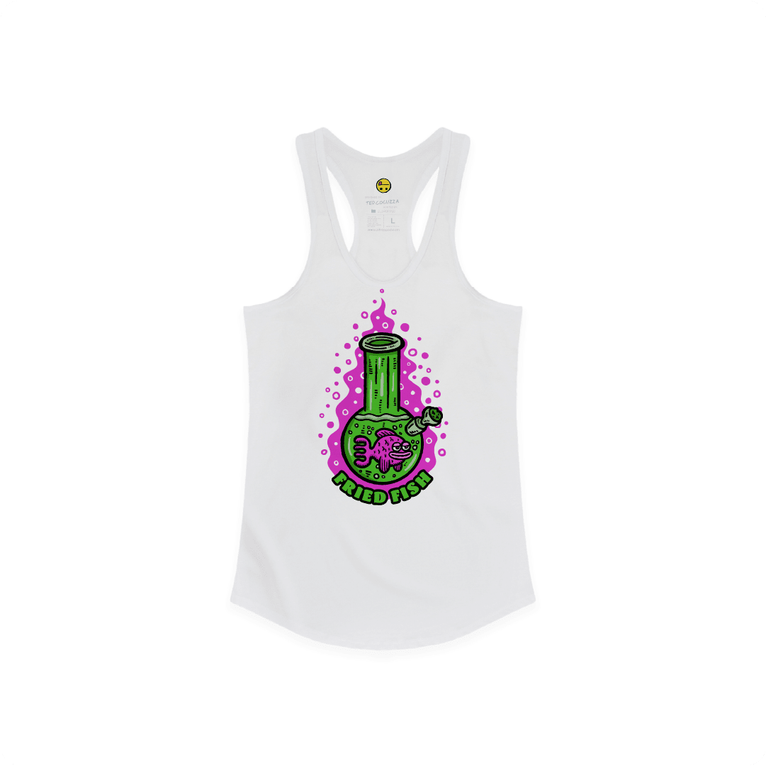 White Front view of a women’s racerback tank with a neon green bong graphic featuring a pink fish inside, surrounded by bright pink bubbles and bold text reading “FRIED FISH” on the front, on a white background.