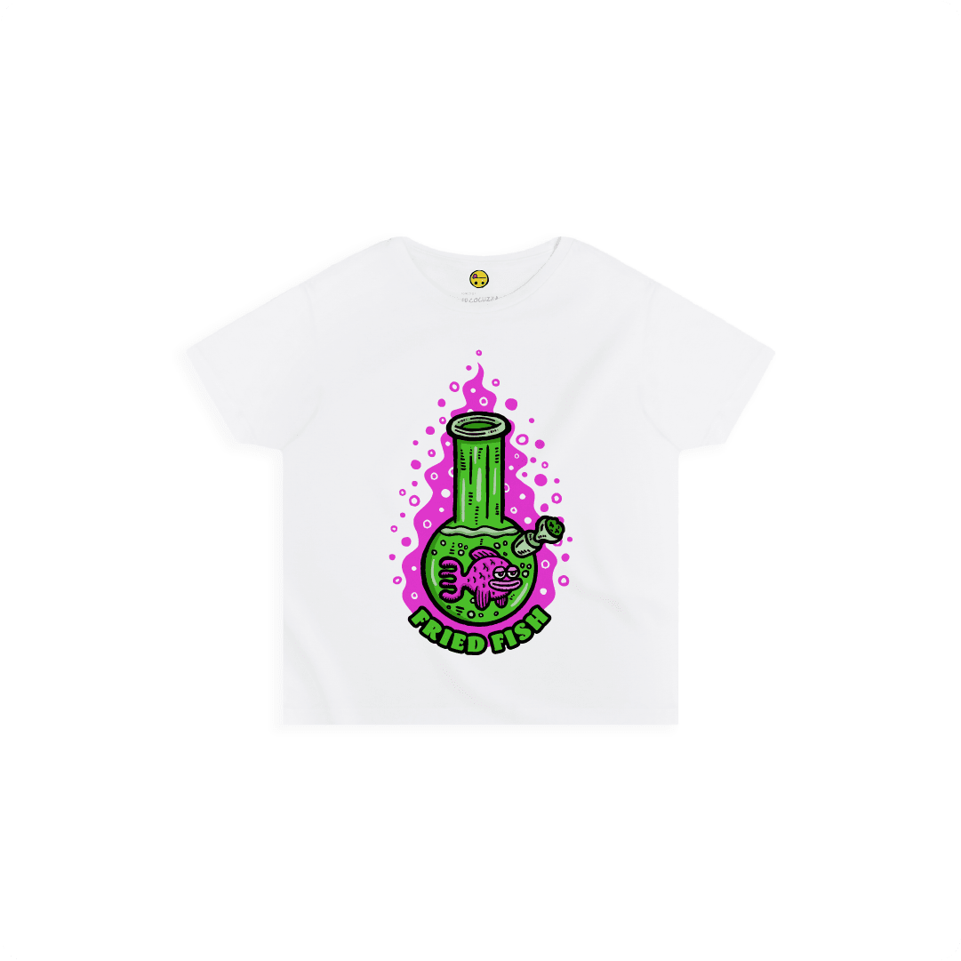 White Front view of a women’s High Waist with a neon green bong graphic featuring a pink fish inside, surrounded by bright pink bubbles and bold text reading “FRIED FISH” on the front, on a white background.
