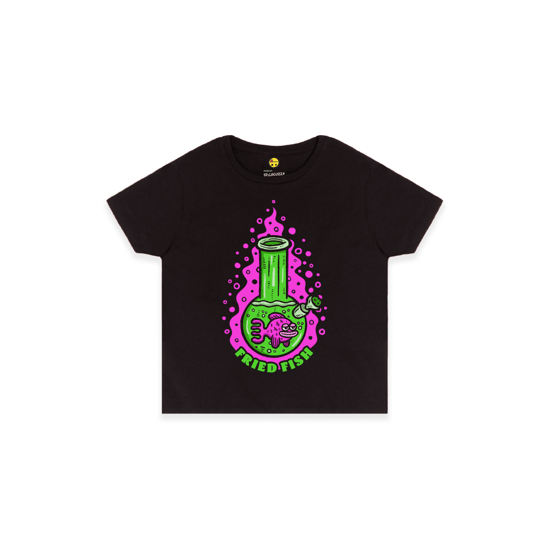 Black Front view of a women’s High Waist with a neon green bong graphic featuring a pink fish inside, surrounded by bright pink bubbles and bold text reading “FRIED FISH” on the front, on a white background.